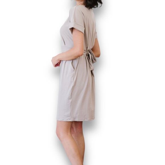 Zenana Cream Dress Size Large Short Sleeve Stretch Knit with Tie Back Belt - Picture 7 of 11